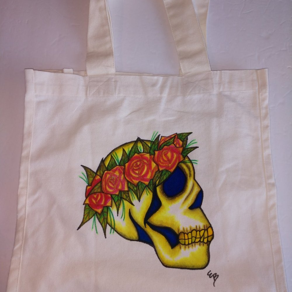 Hand-Painted Skull Tote Bag: Floral Rose Crown, Reusable Canvas - Picture 5 of 16